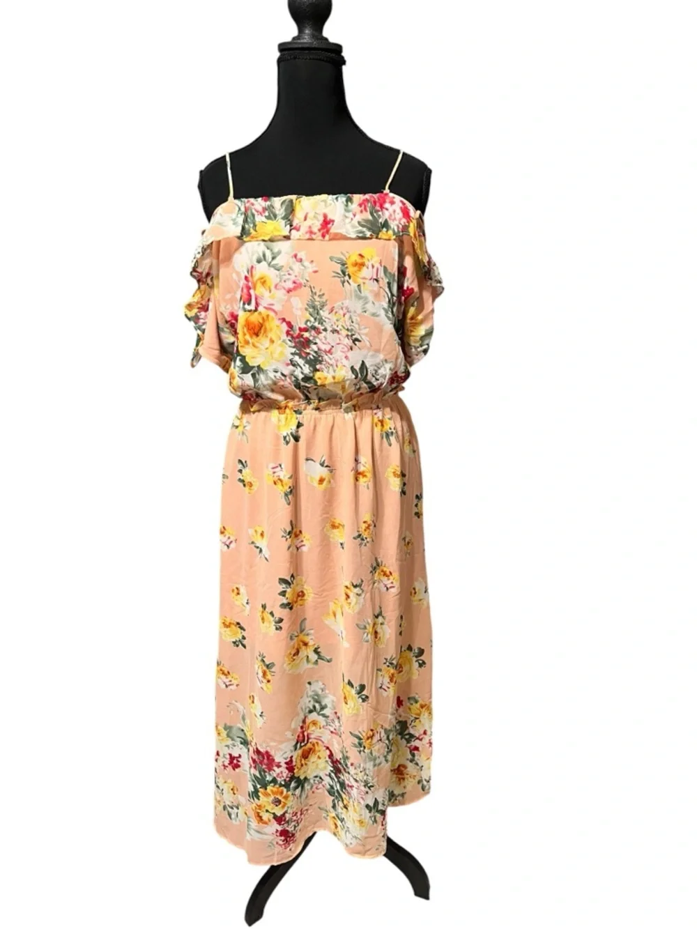 Entro Peach Floral Cold-Shoulder Midi Dress Size Medium NWT - Picture 2 of 6